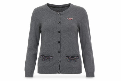 Hollister Women Grey M Button Cardigan Bow Logo Cotton Knit
