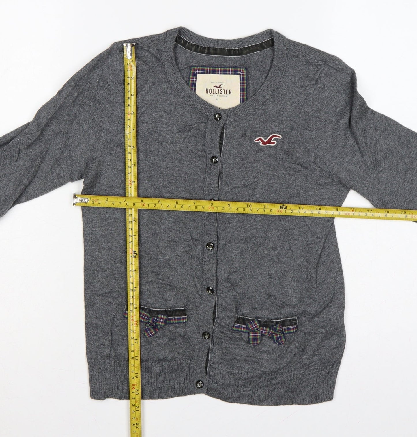 Hollister Women Grey M Button Cardigan Bow Logo Cotton Knit