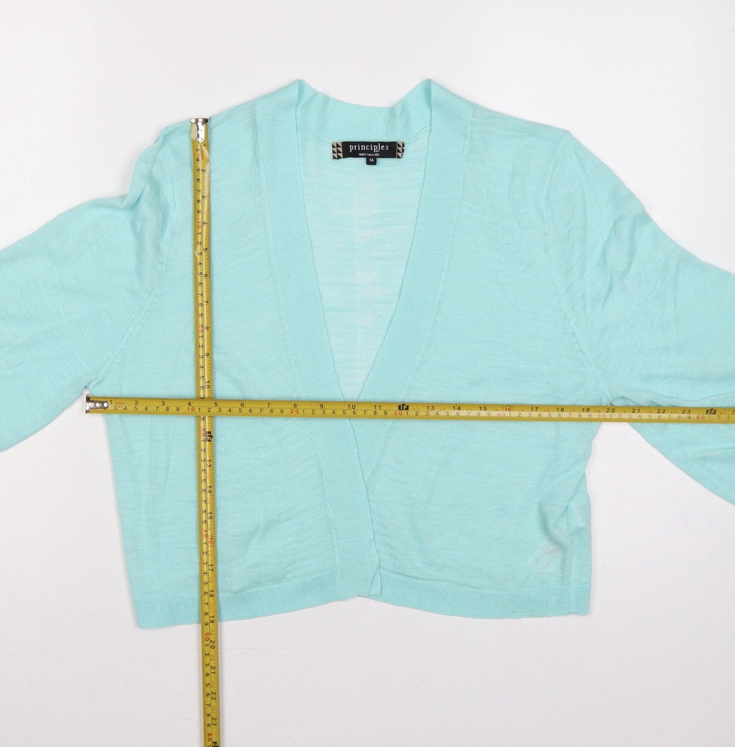 Principles Women Blue Size 14 Open Knit 3/4 Sleeve Cardigan