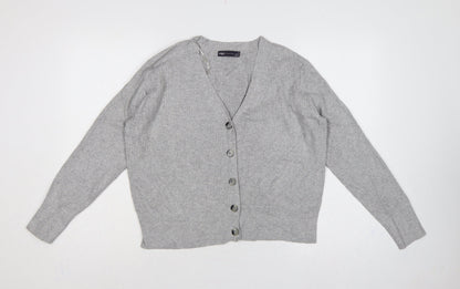 Marks and Spencer Women Grey Size 12 Rib Knit V-Neck Cardigan