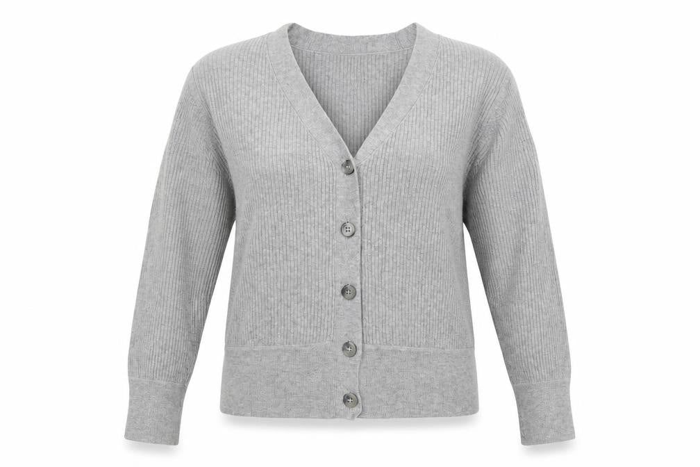 Marks & Spencer Women Grey Size 12 Rib Knit V-Neck Cardigan