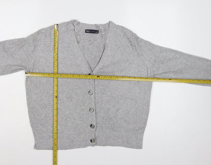 Marks and Spencer Women Grey Size 12 Rib Knit V-Neck Cardigan