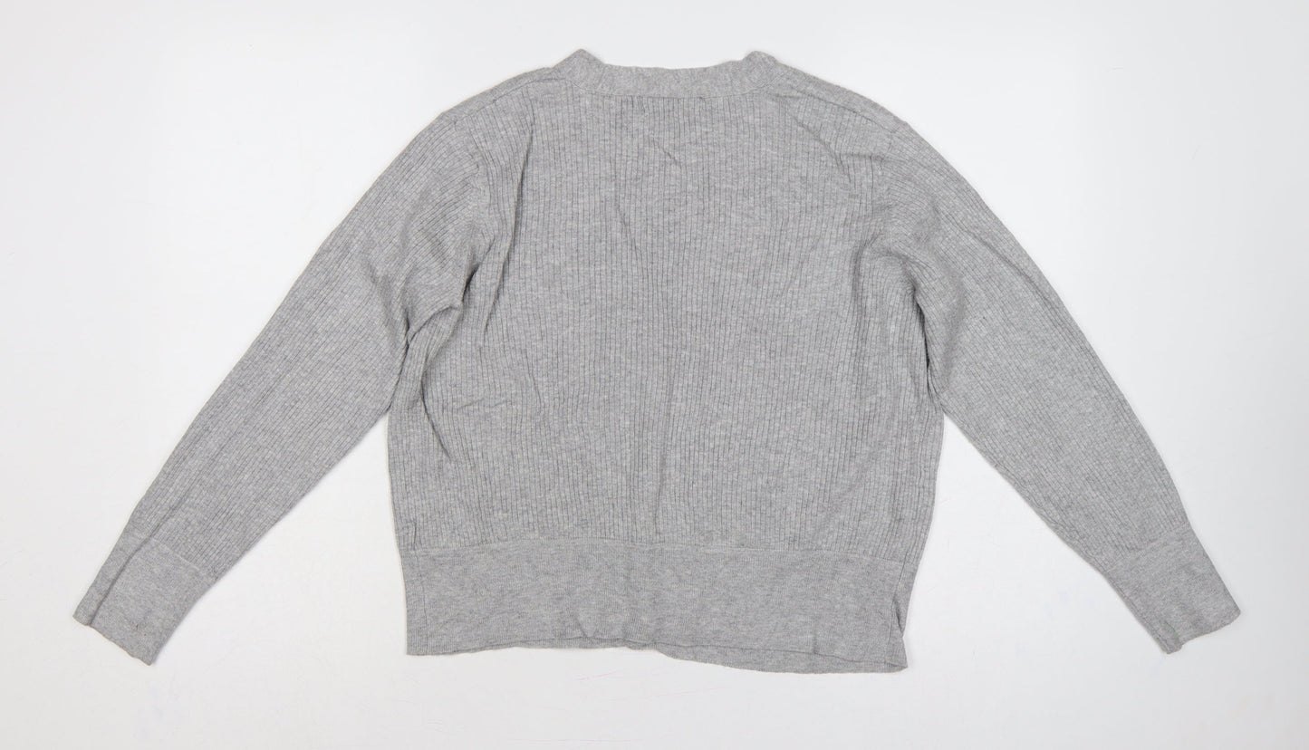 Marks and Spencer Women Grey Size 12 Rib Knit V-Neck Cardigan