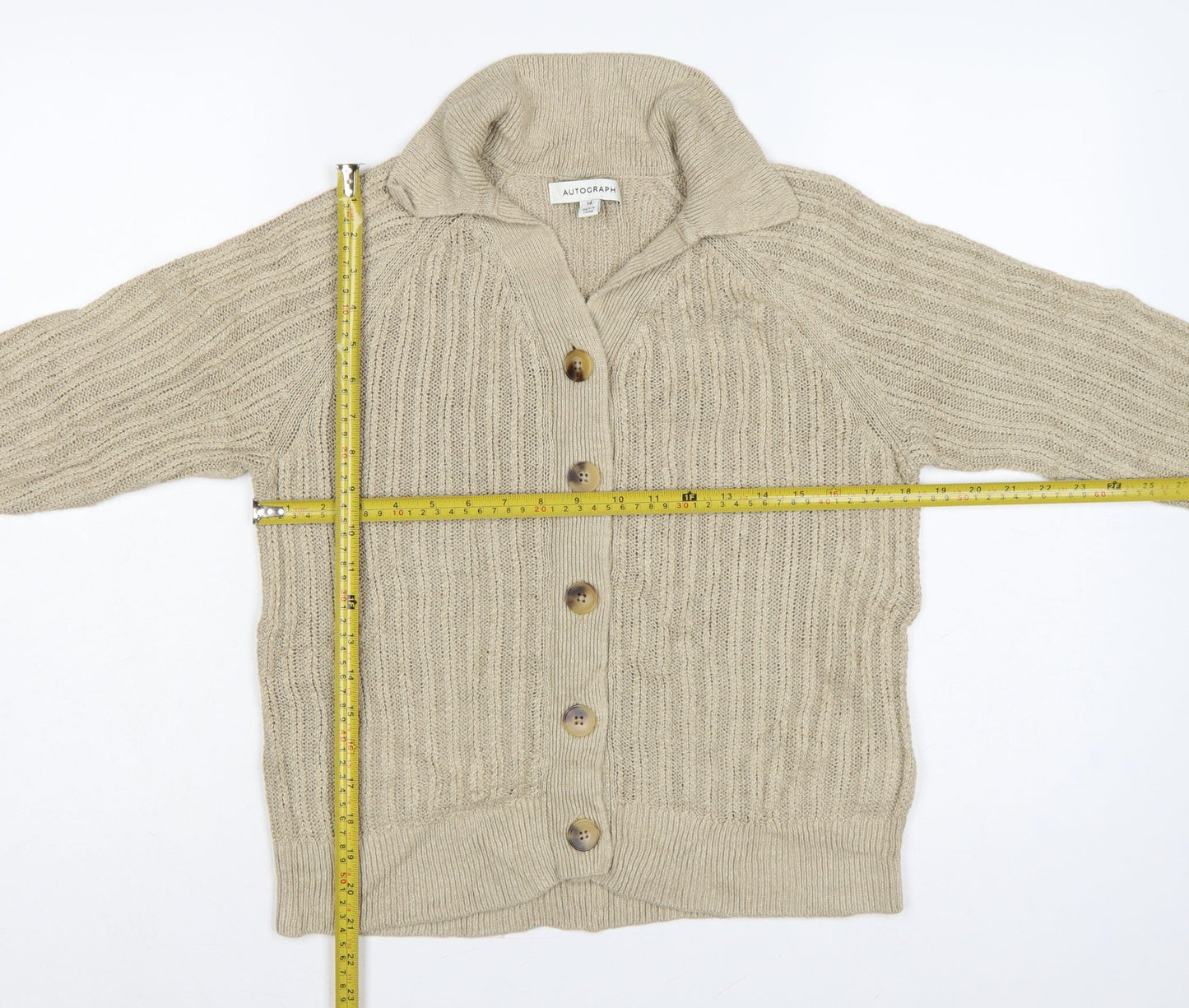 M&S Autograph Women Beige Size 14 Linen Cable Knit Roll Neck Cardigan