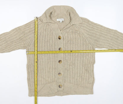M&S Autograph Women Beige Size 14 Linen Cable Knit Roll Neck Cardigan