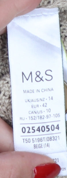 M&S Autograph Women Beige Size 14 Linen Cable Knit Roll Neck Cardigan