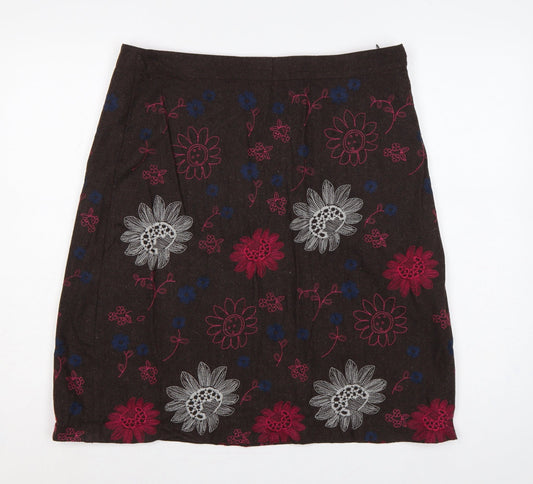 White Stuff Women Brown UK 14 Floral Embroidered A-Line Mini Skirt