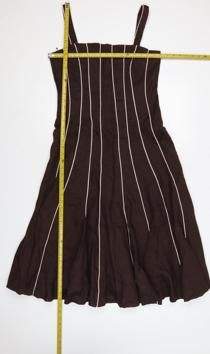 Fenn Wright Manson Women Brown Linen Stripe Fit & Flare Long Dress UK 12