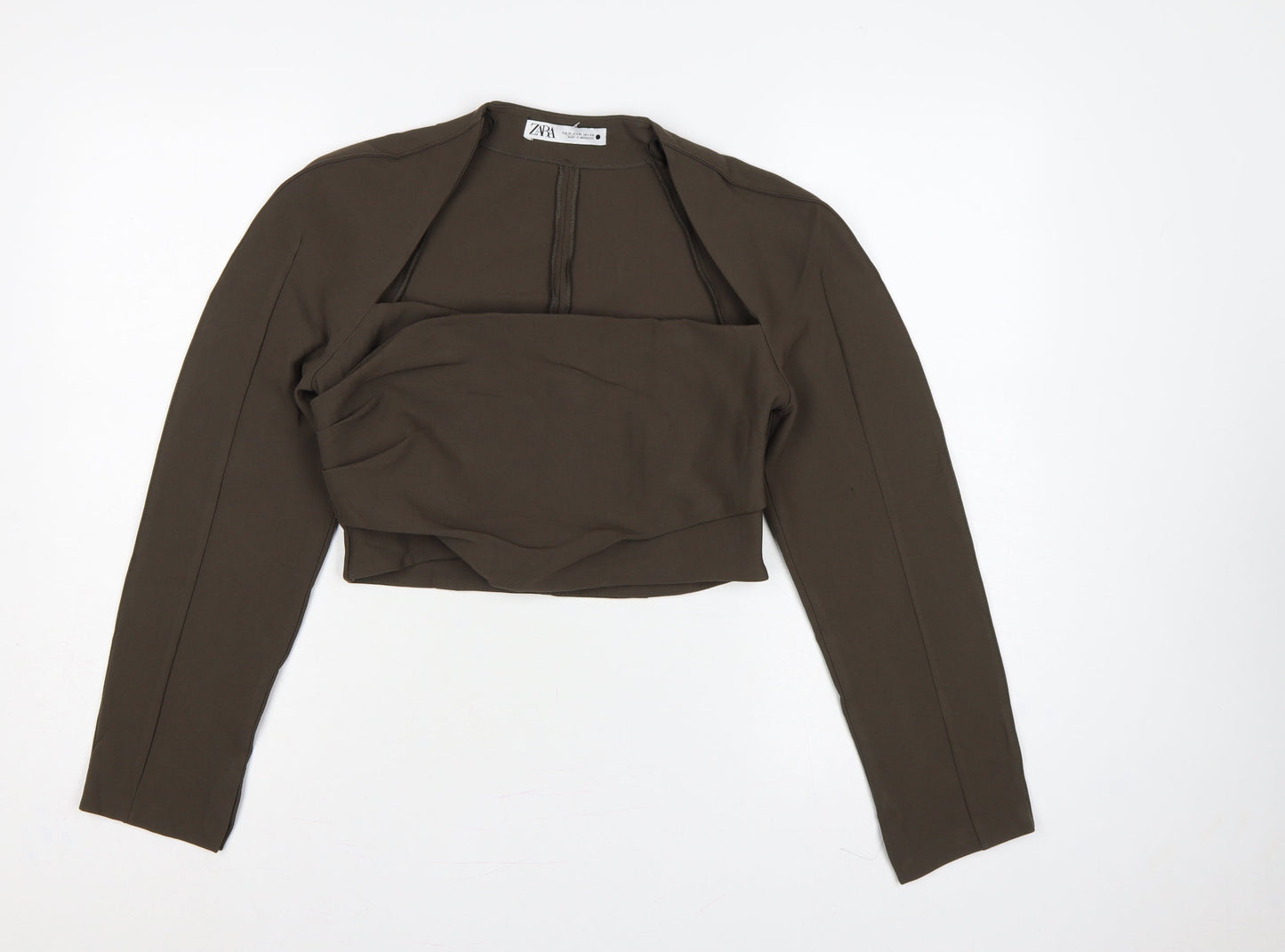 Zara Women Brown M Cropped Long Sleeve Draped Blouse