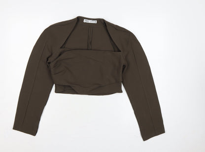 Zara Women Brown M Cropped Long Sleeve Draped Blouse