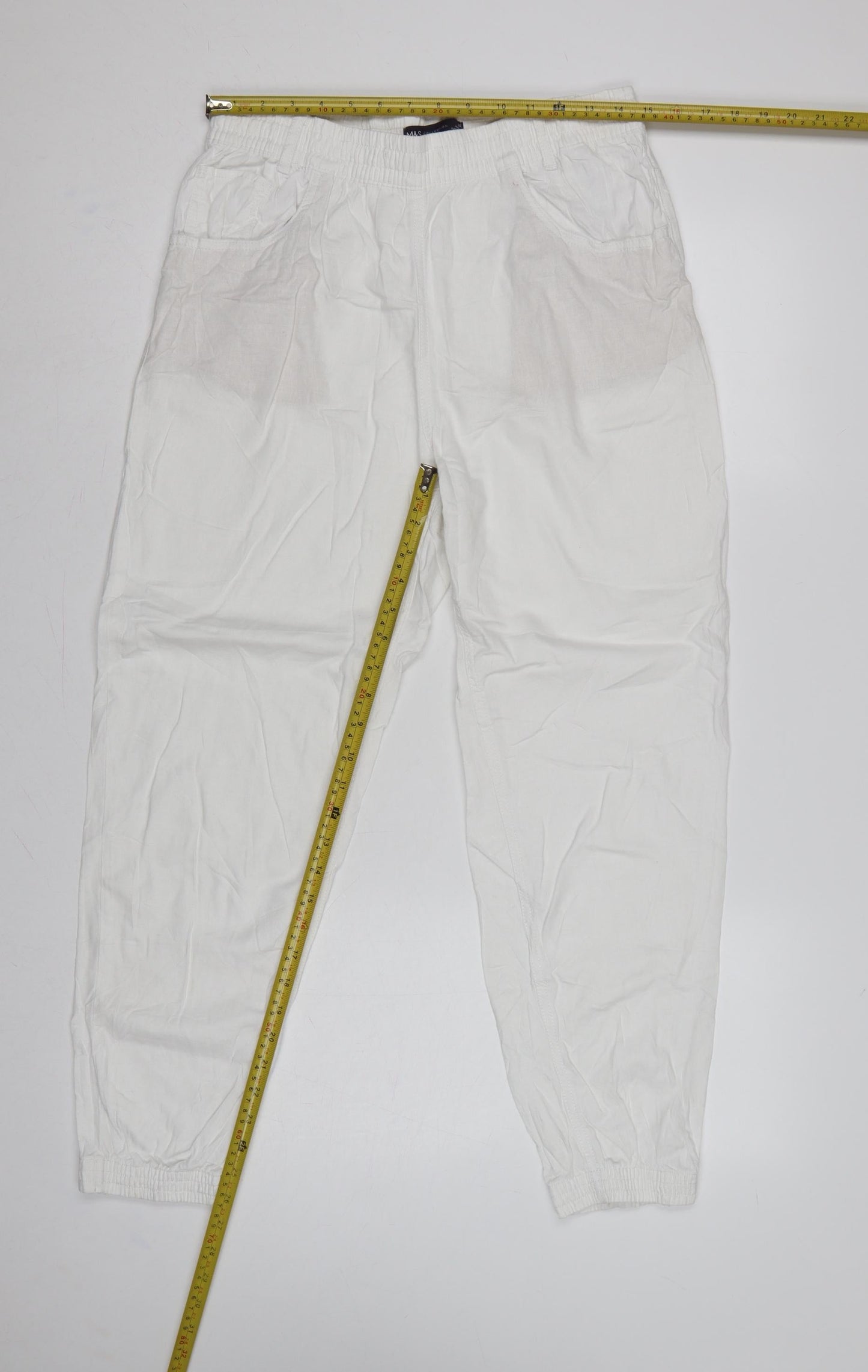 Marks & Spencer Women White Size 12 Linen Blend Jogger Trousers
