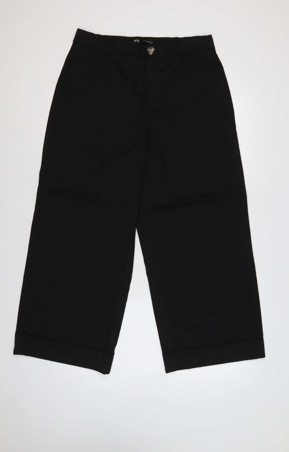 Zara Women Black XL Wide-Leg Cropped Dress Trousers Cuffed High Rise