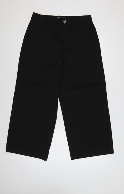 Zara Women Black XL Wide-Leg Cropped Dress Trousers Cuffed High Rise