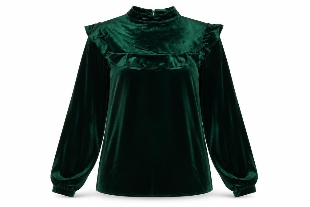 Glamorous Tall Women Green UK 10 Velvet Ruffle Balloon Sleeve Blouse