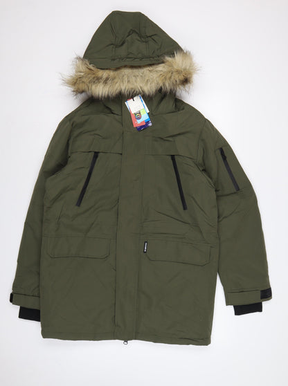 Pull&Bear Men’s Green S Hooded Faux Fur Trim Insulated Parka Coat