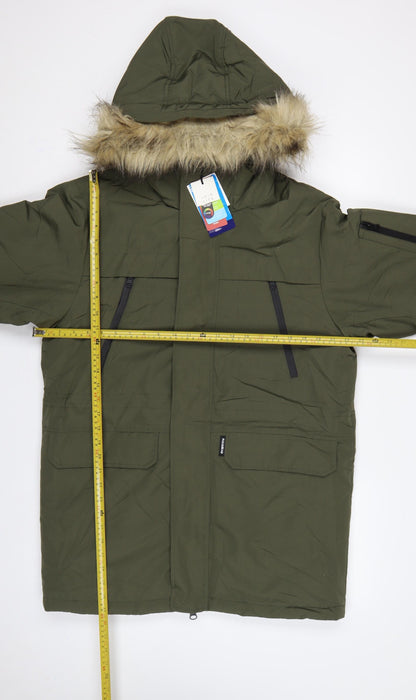 Pull&Bear Men’s Green S Hooded Faux Fur Trim Insulated Parka Coat