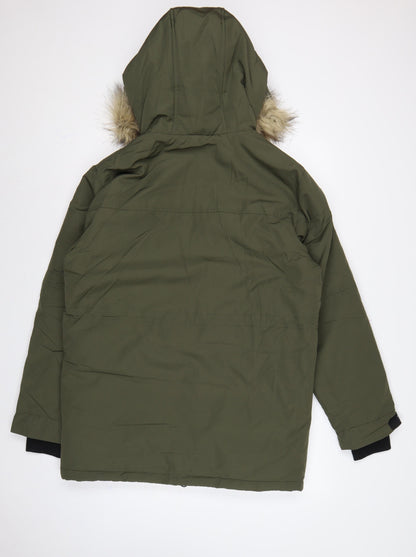 Pull&Bear Men’s Green S Hooded Faux Fur Trim Insulated Parka Coat