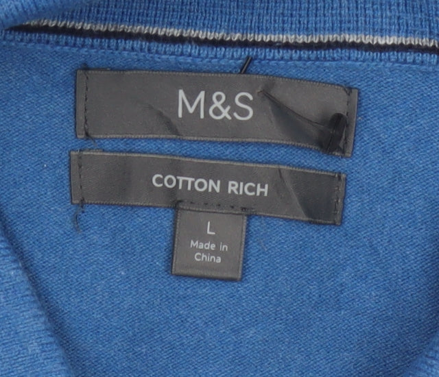 Marks & Spencer Men's Blue L 1/4 Zip Cotton Rich Knit Jumper