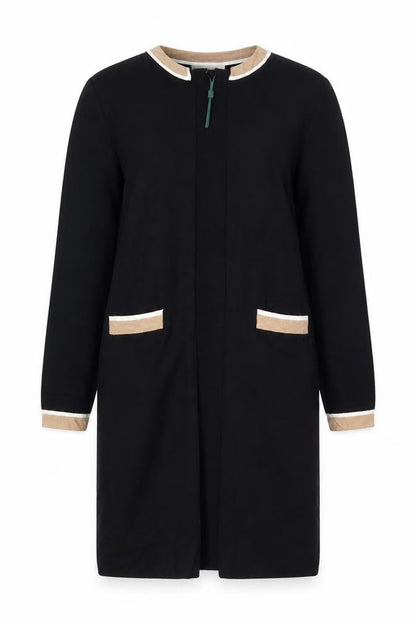 Hobbs Women Black S Long Open Knit Cardigan Collared Pocket Contrast Trim
