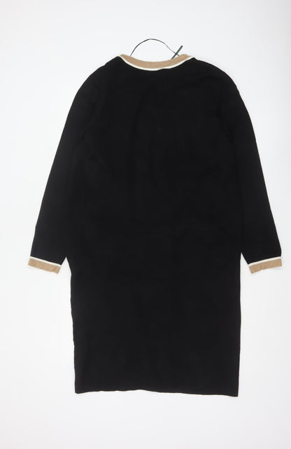 Hobbs Women Black S Long Open Knit Cardigan Collared Pocket Contrast Trim