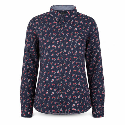 Front view of linea Women’s Blue Floral Cotton Tailored Fit Button-Up Shirt M