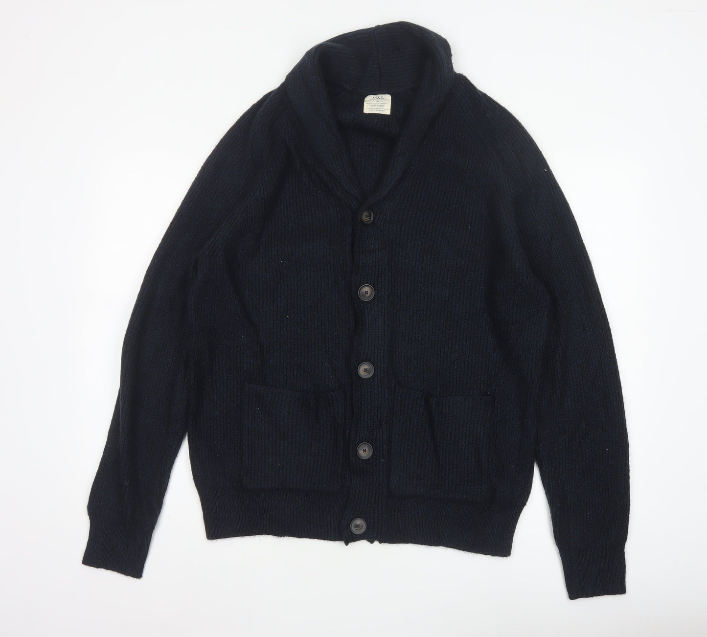Marks and Spencer Men Blue L Chunky Knit Button Cardigan Pockets