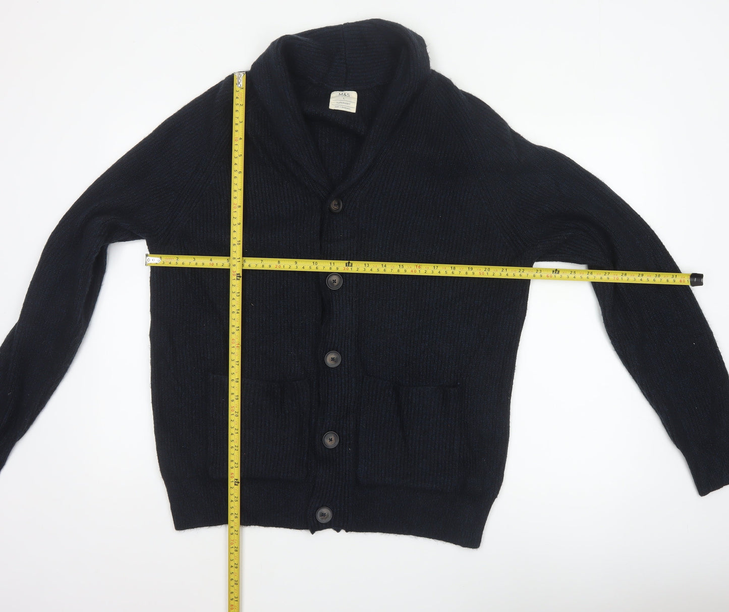Marks and Spencer Men Blue L Chunky Knit Button Cardigan Pockets