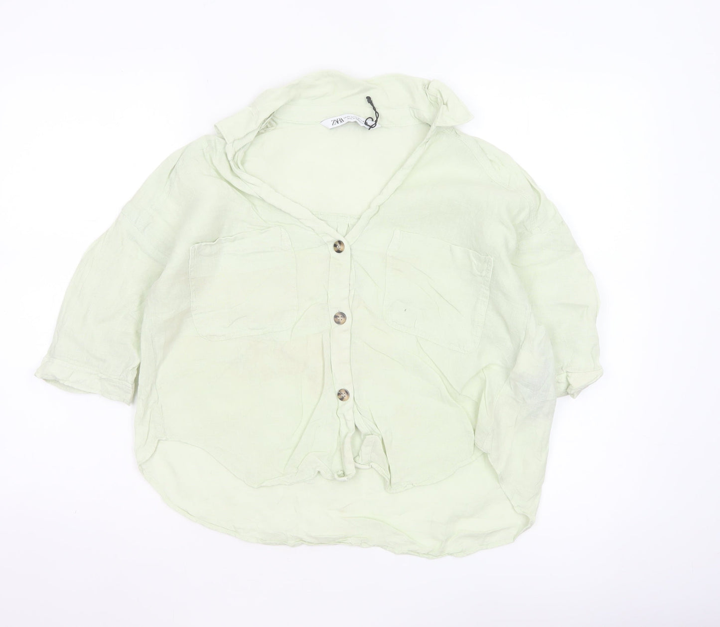 Zara Women Green XS Linen Button-Up Short Sleeve Pocket Shirt