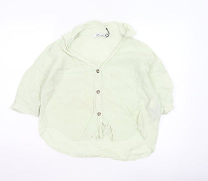 Zara Women Green XS Linen Button-Up Short Sleeve Pocket Shirt