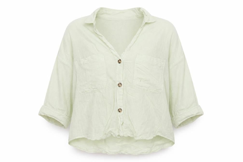 Zara Women Green XS Linen Button-Up Short Sleeve Pocket Shirt