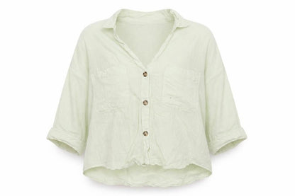 Zara Women Green XS Linen Button-Up Short Sleeve Pocket Shirt