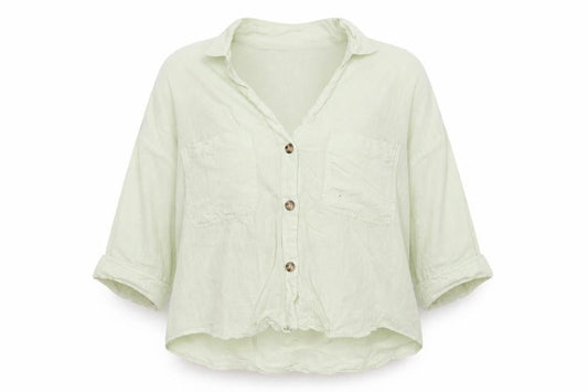 Zara Women Green XS Linen Button-Up Short Sleeve Pocket Shirt