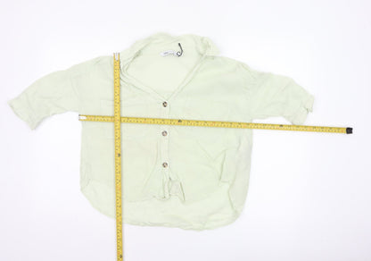 Zara Women Green XS Linen Button-Up Short Sleeve Pocket Shirt