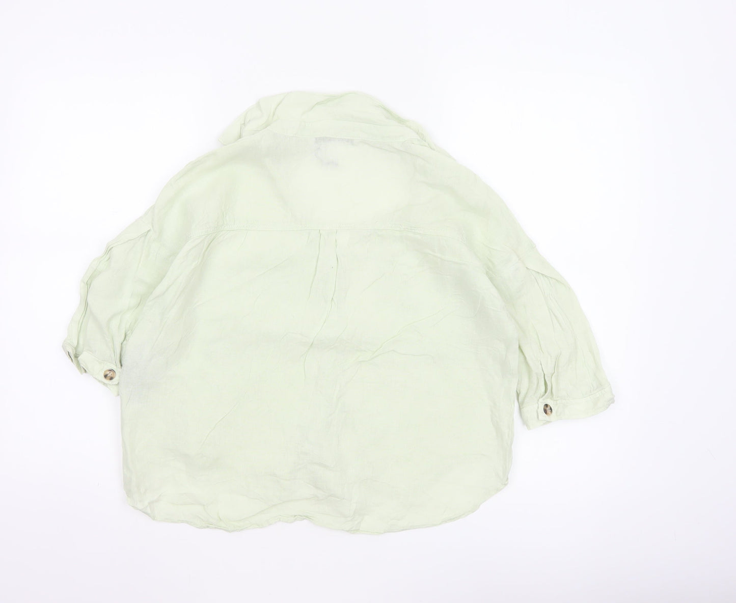 Zara Women Green XS Linen Button-Up Short Sleeve Pocket Shirt