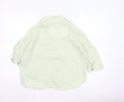 Zara Women Green XS Linen Button-Up Short Sleeve Pocket Shirt