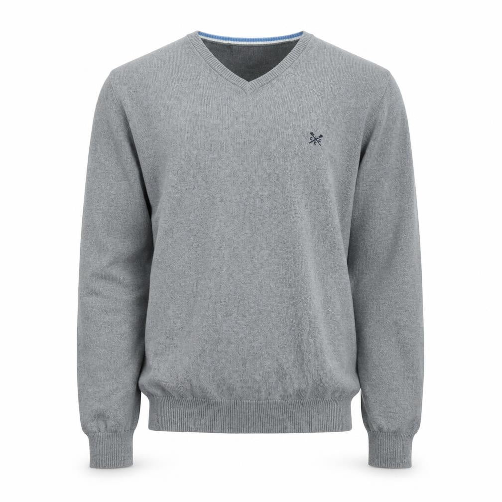 Front view of Crew Clothing Men’s Grey S V-Neck Cotton Cashmere jumper