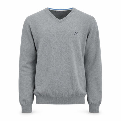 Front view of Crew Clothing Men’s Grey S V-Neck Cotton Cashmere jumper