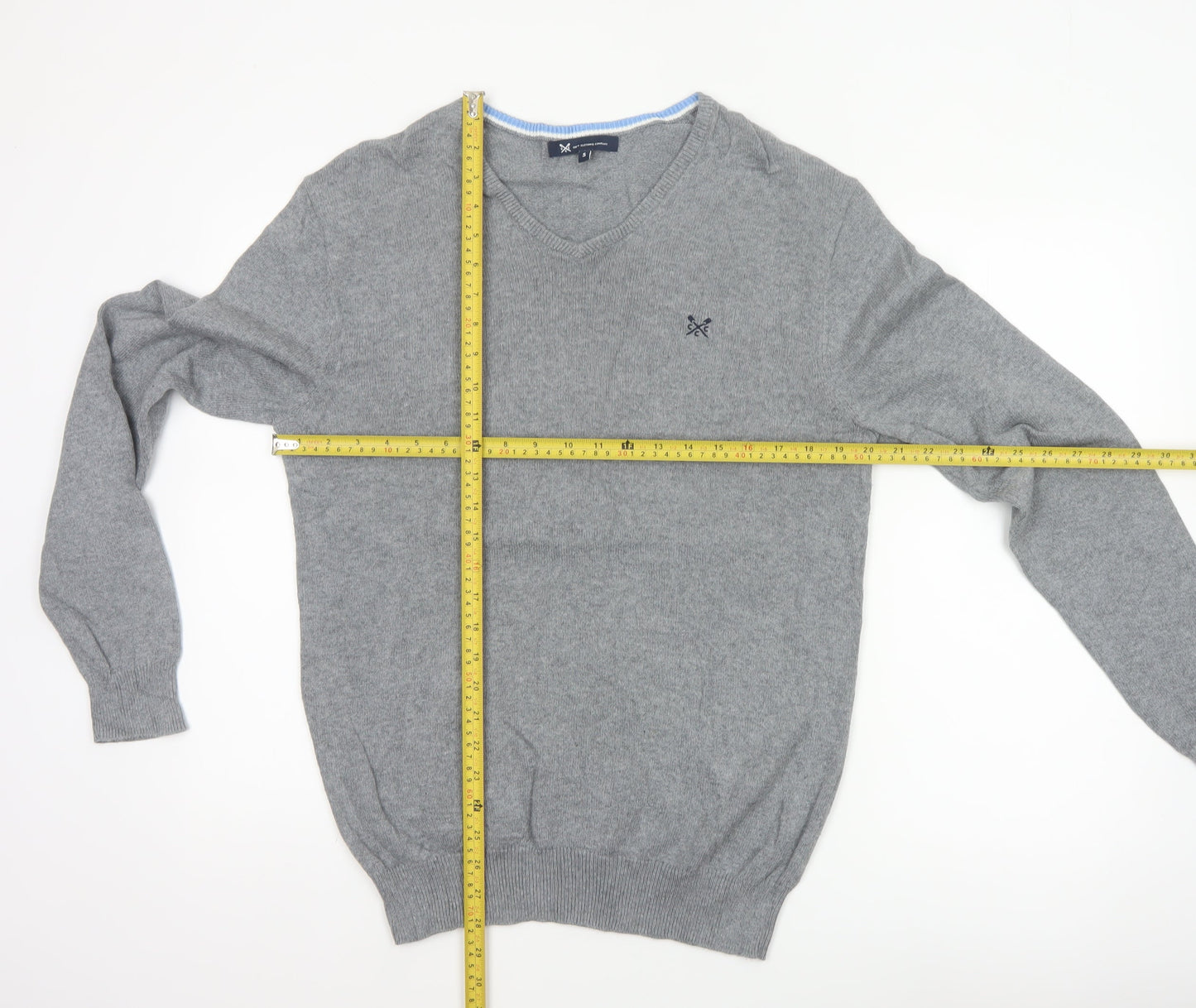 Crew Clothing Company Men’s Grey S V-Neck Cotton Cashmere Pullover Jumper