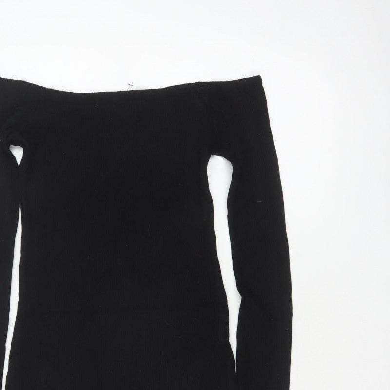 Pull&Bear Women Black M Off Shoulder Rib Knit Slim Jumper Dress