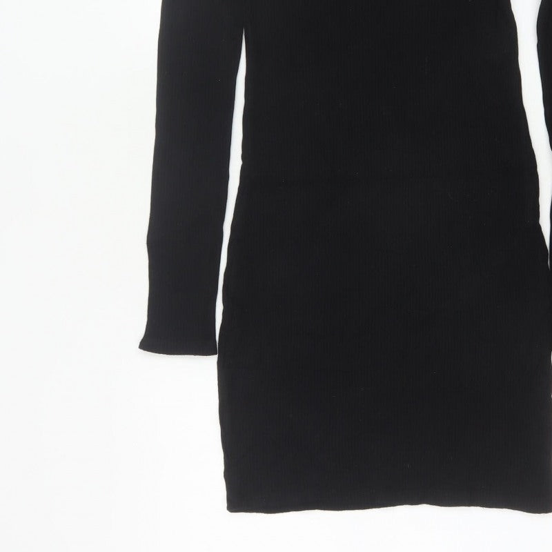 Pull&Bear Women Black M Off Shoulder Rib Knit Slim Jumper Dress