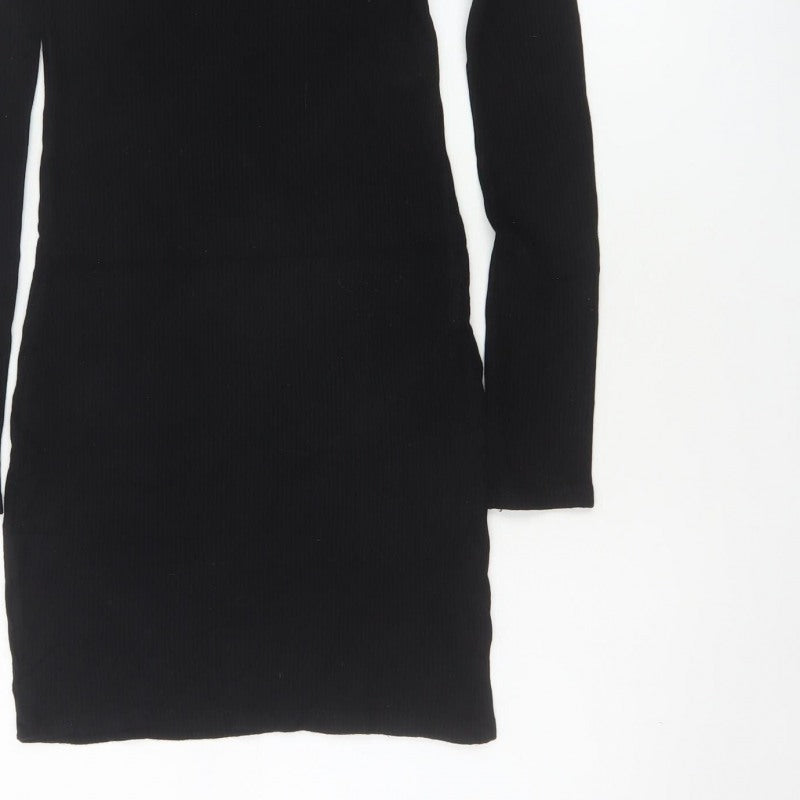 Pull&Bear Women Black M Off Shoulder Rib Knit Slim Jumper Dress