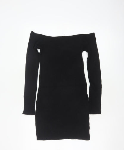Pull&Bear Women Black M Off Shoulder Rib Knit Slim Jumper Dress