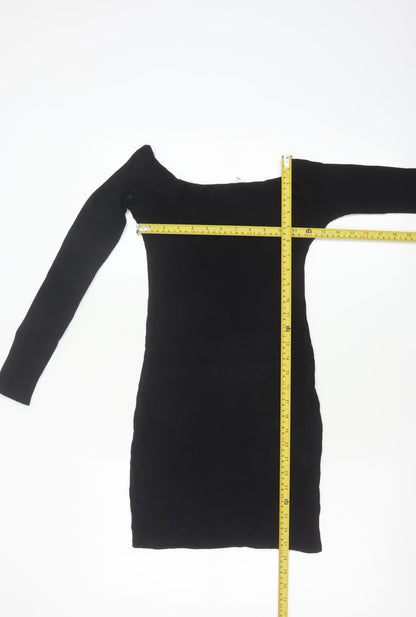Pull&Bear Women Black M Off Shoulder Rib Knit Slim Jumper Dress