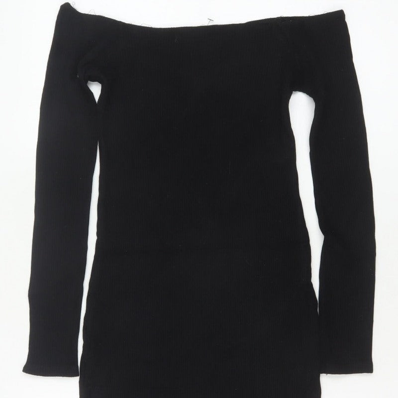 Pull&Bear Women Black M Off Shoulder Rib Knit Slim Jumper Dress