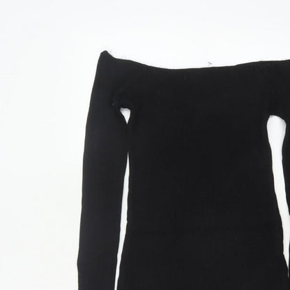 Pull&Bear Women Black M Off Shoulder Rib Knit Slim Jumper Dress