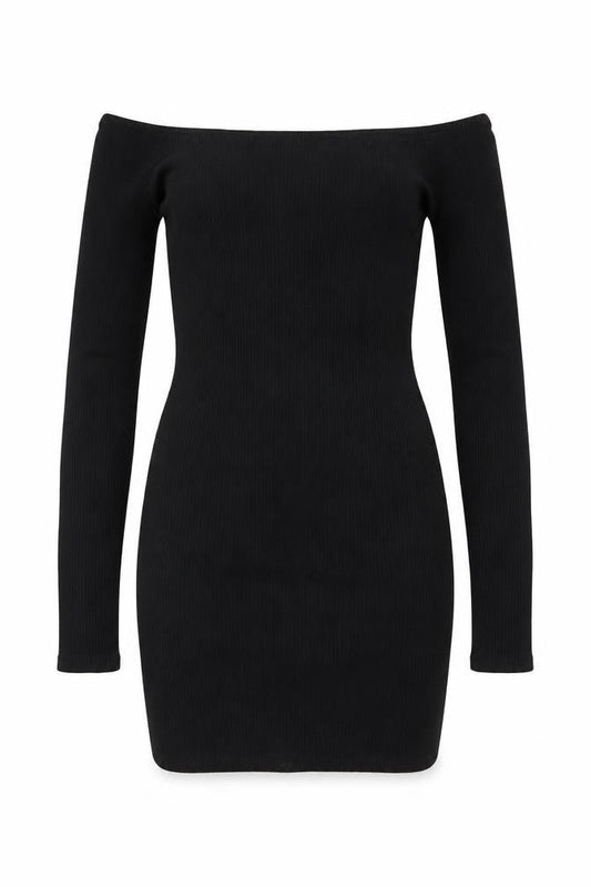 Pull&Bear Women Black M Off Shoulder Rib Knit Slim Jumper Dress