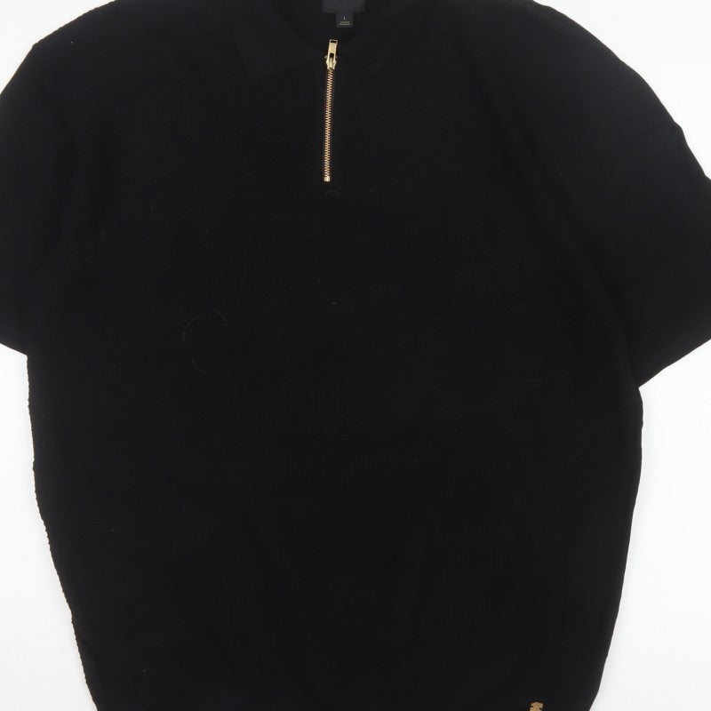 Next Men’s Black L Short Sleeve 1/4 Zip Collared Polo Shirt