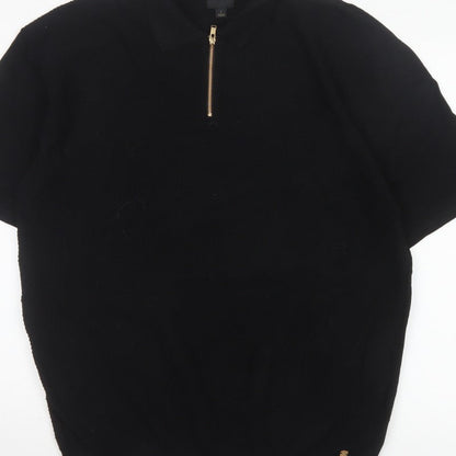 Next Men’s Black L Short Sleeve 1/4 Zip Collared Polo Shirt