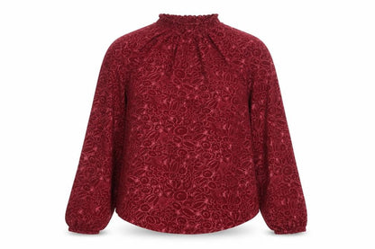 Lands' End Women Red L Floral High Neck Long Sleeve Stretch Blouse