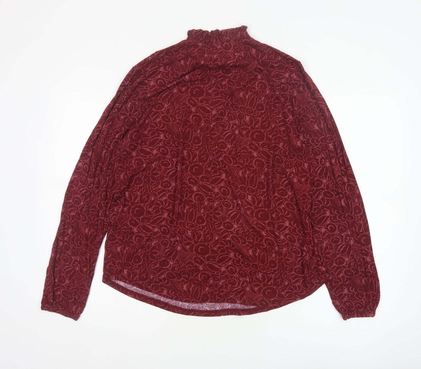 Lands' End Women Red L Floral High Neck Long Sleeve Stretch Blouse
